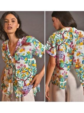 Maeve Surf Shirt Linen Blend Novelty Lemon Botanical Print Button Down Size SP